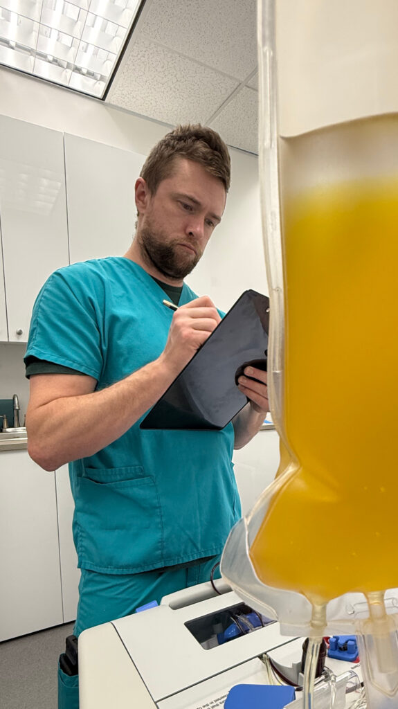 Male nurse performing therapeutic plasma exchange