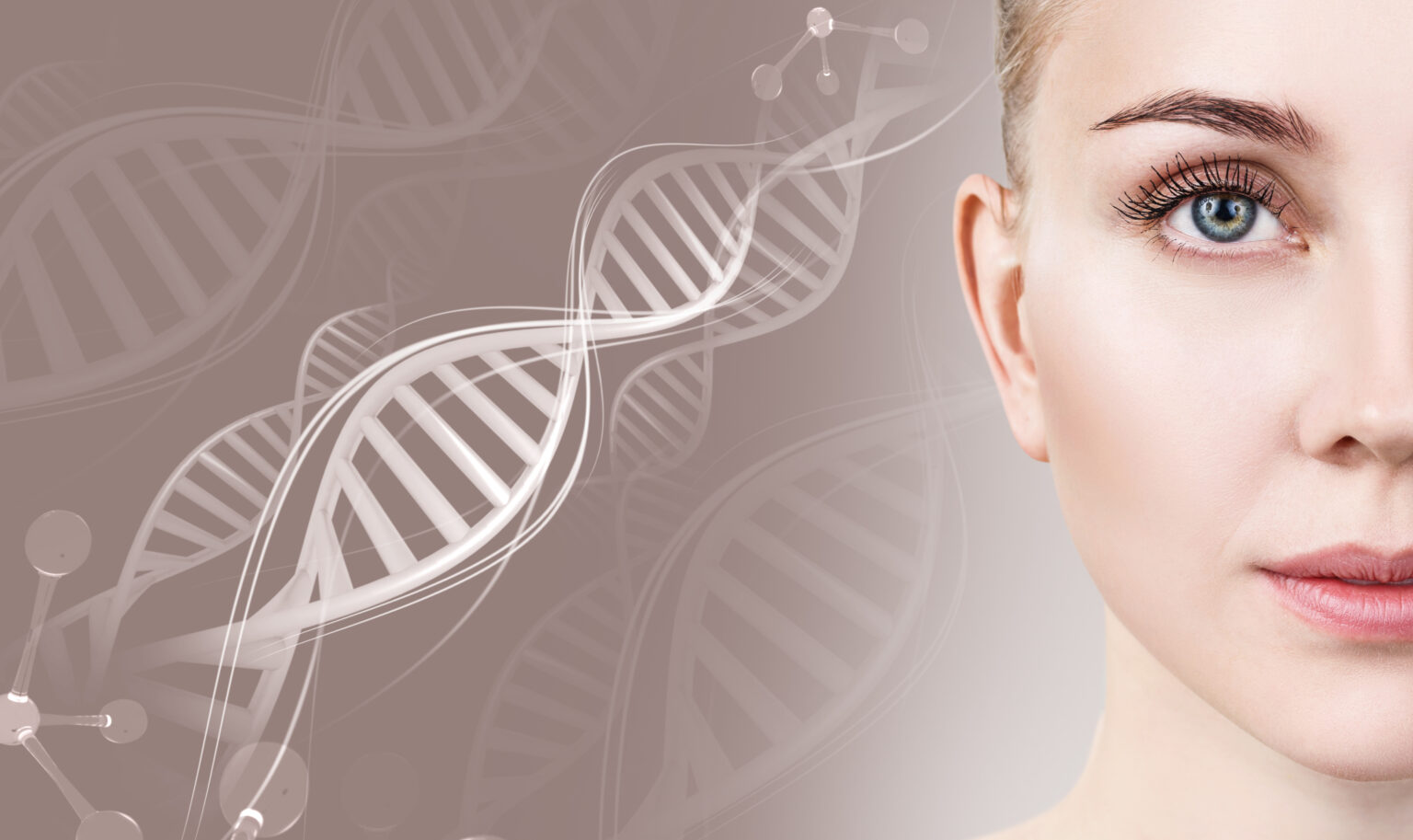 Regenerative Medicine 2 Woman's partial face beside a DNA strand, representing regenerative aesthetics